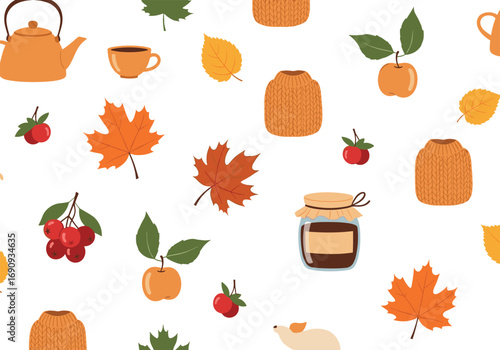 Cozy autumn harvest pattern with teapot apples and jam