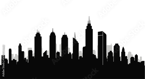 Modern city skyline silhouette against a bright white background, showcasing diverse architectural styles.