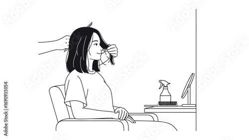 Young woman with long dark hair sitting in a salon chair while a stylist cuts her hair with scissors in a minimalist line drawing illustration
