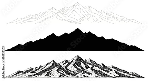 Mountain Range Line Art Black White and Detailed Vector Illustration