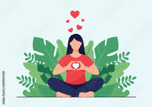 Woman meditating surrounded by lush greenery feeling love and peace
