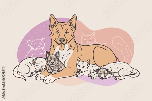Shepherd dog lying down, puppies playing around, sense of protection and home comfort.