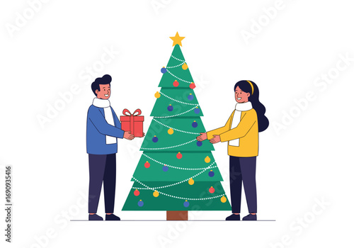 Couple exchanging christmas presents near decorated evergreen tree