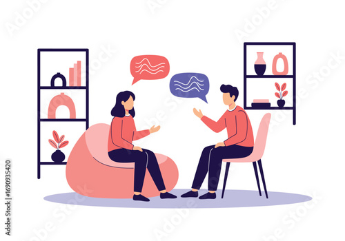 Two people discussing ideas sitting in a modern room