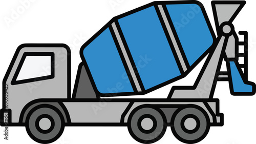 Cement mixer truck transporting concrete on construction site, showcasing industrial machinery and transportation with clean, simple lines.