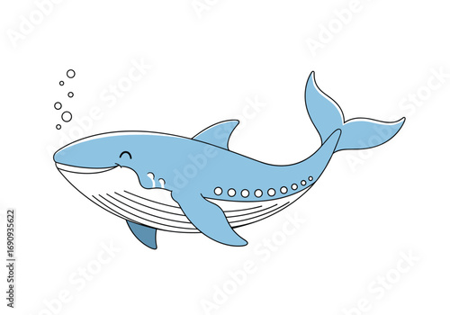 Cute blue whale swimming underwater with bubbles and smiling face