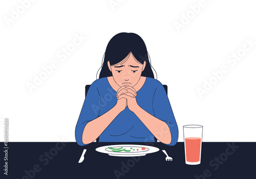 Woman feeling sick and distressed before eating a meal and drinking juice