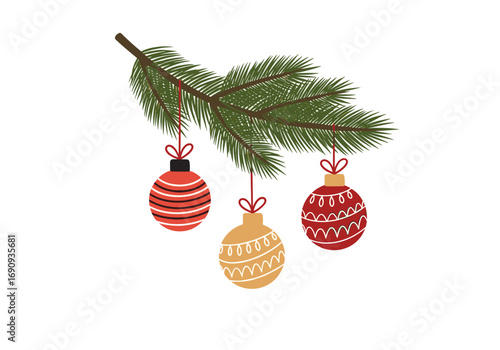 Festive green pine branch adorned with three colorful christmas ornaments