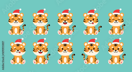 Cute festive tigers wearing santa hats celebrating the holiday season together with joyful expressions