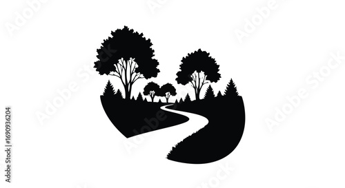 Stylized silhouette of a winding path leading through trees and hills, evoking a journey or exploration.