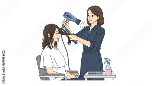 Professional hairstylist drying a client s long brown hair with a hairdryer in a salon setting with a spray bottle and tools on a table