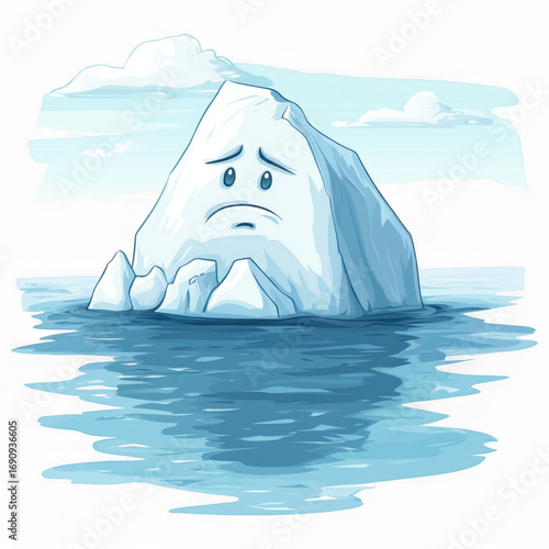 Sad Iceberg: The cartoon shows an iceberg with a sad face floating in water. The image conveys feelings of sadness.