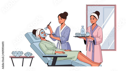 Two women in bathrobes apply a facial mask to a client relaxing in a spa treatment chair with a mirror in the background