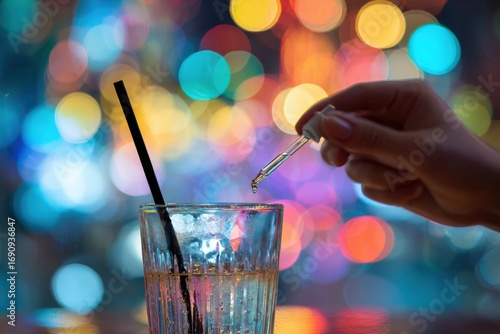 A hand holding a dropper above a cocktail glass