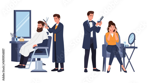 Two professional barbershops scenes showing a male barber cutting a bearded man s hair and a female stylist styling a woman s hair