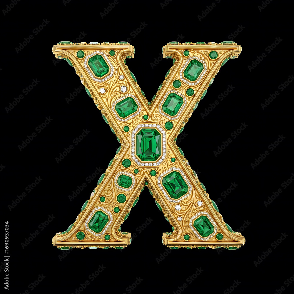 Fototapeta premium Exquisite golden letter X adorned with emeralds and diamonds, showcasing intricate jewelry design.