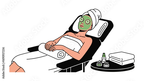 Relaxing woman in spa chair with cucumber eye patches and green face mask wearing a towel turban and wrapped in a towel