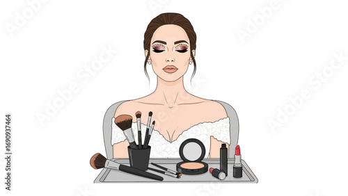 Stylish woman holding makeup brushes and cosmetics showcasing beauty and professional makeup application artistry with elegant style