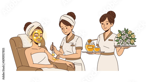 Skilled spa technicians provide a luxurious facial treatment and refreshing herbal compress to a relaxed client in a serene wellness setting