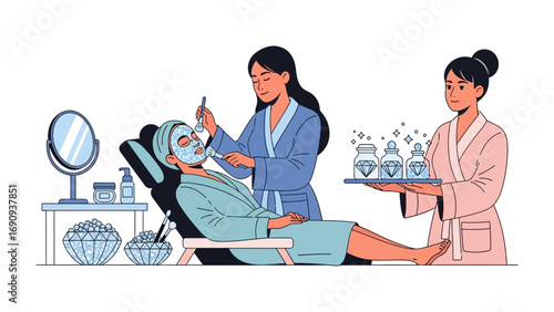 Two women in spa robes applying facial mask to client relaxing in chair with beauty products and mirror on table