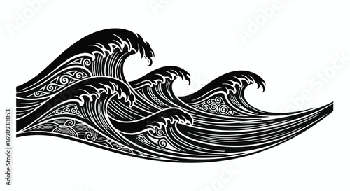 Stylized black and white illustration of powerful ocean waves with intricate swirling patterns