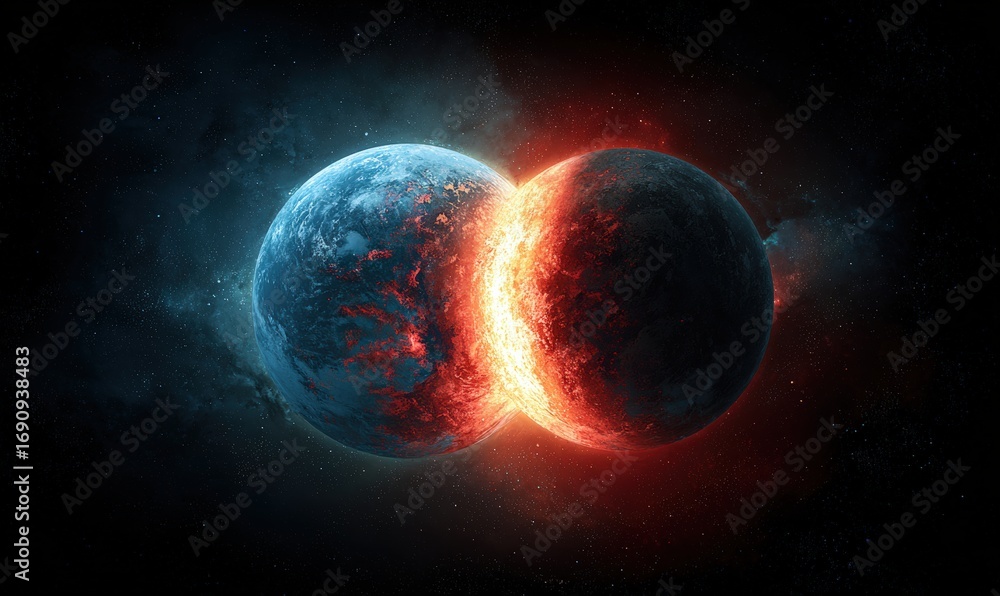 Obraz premium Two planets colliding, one split in two. Fiery destruction in space