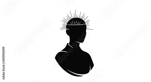 Stylized silhouette of a person with a radiant crown of light, symbolizing inspiration and enlightenment.