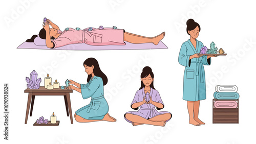 Illustrations depicting various spa and wellness treatments including cupping therapy massage aromatherapy and meditation for relaxation and self care