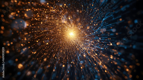 Dynamic burst of shimmering gold and blue light particles spiraling into a central singularity on a dark abstract background