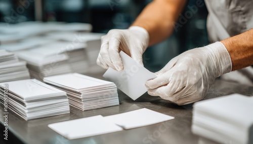 Hands in white gloves carefully handling stacks of white paper