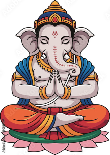 Lord Ganesha Meditating on Lotus Flower Praying Hands Spiritual Icon Hindu deity