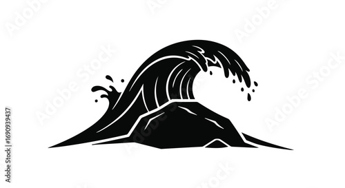 Powerful ocean wave crashing against a solitary rock, symbolizing nature's force and resilience.