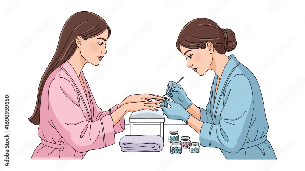Fototapeta premium Close up illustration of a woman receiving a professional manicure service from a beautician in a salon setting with tools and products