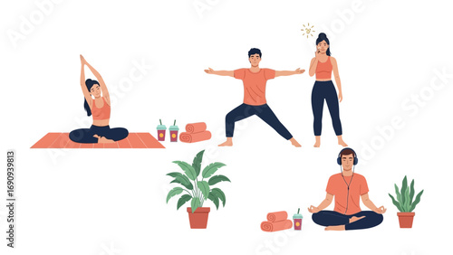 Diverse group of people practicing yoga and meditation in a bright modern setting with plants and water bottles for a healthy lifestyle