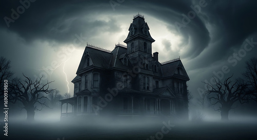 Mysterious abandoned mansion shrouded in fog under a dramatic storm sky