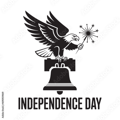 Independence Day Celebration: A bold, graphic design of a majestic eagle perched atop the Liberty Bell, clutching a celebratory sparkler.
