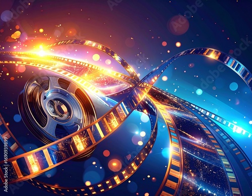 Abstract cinematic film reels with vibrant light effects, swirling and glowing.