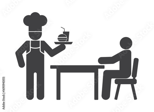 chef hold hamburger fast foodnear table with visitor icon
