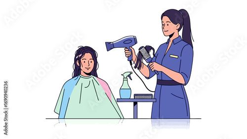 Smiling hairdresser drying a young woman s hair with a professional hairdryer in a bright salon setting with tools and products