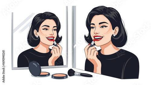Elegant woman with dark hair applying lipstick in a mirror reflecting her beauty and confidence while getting ready