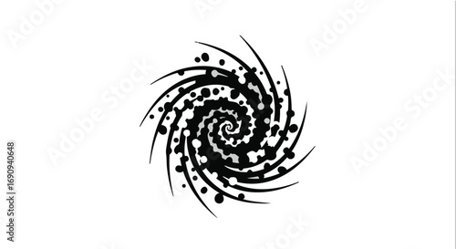 Abstract black spiral vortex with dots on white background, representing movement and energy.