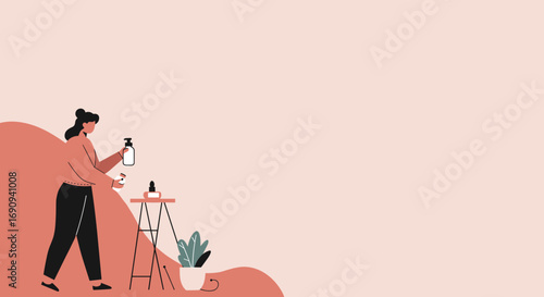 Woman performing a beauty or self-care routine with skincare products in a modern, minimalist setting. Ideal for wellness and lifestyle content.