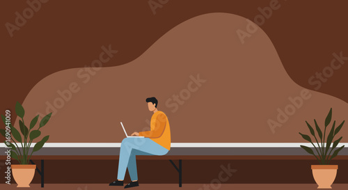 Man working remotely on laptop at a modern indoor space with plants, representing freelance work, digital nomad lifestyle, and productivity.