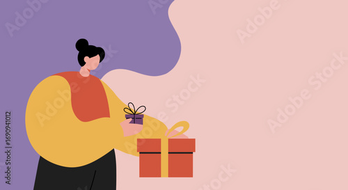 Person celebrating with gifts, holding a small present and placing a larger one. Ideal for themes of generosity, joy, and special occasions like birthdays or holidays.