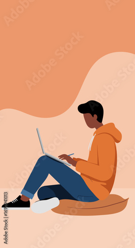 Focused young person working or studying on a laptop from a comfortable home setting. Represents remote work, online learning, and flexible modern lifestyles.