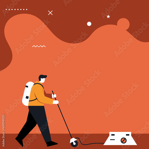 Man with backpack exploring with a ground scanning device, symbolizing discovery, technology, and investigation. Ideal for science, research, or adventure concepts.