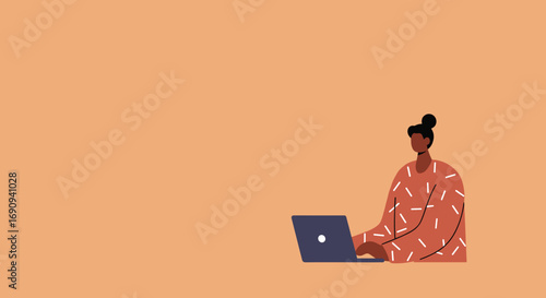 Focused person with a bun hairstyle working on a laptop against a clean orange background. Ideal for themes of remote work, technology, education, and modern lifestyle.