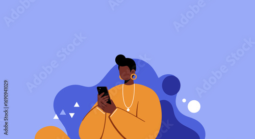 Stylish Black woman using a smartphone, connecting with digital content. Perfect for concepts of online communication, social media, technology, or modern lifestyle themes.