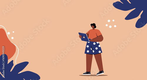 Flat design illustration of a person casually working or studying on a laptop. Ideal for remote work, freelance, or online learning concepts, with ample copy space.