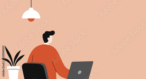 Minimalist illustration of a person focused on their laptop in a modern workspace, perfect for showcasing remote work, technology, or business concepts.